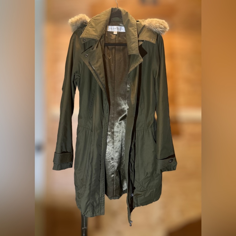 TRINA TURK - Long Trench Coat Real Fur Hood